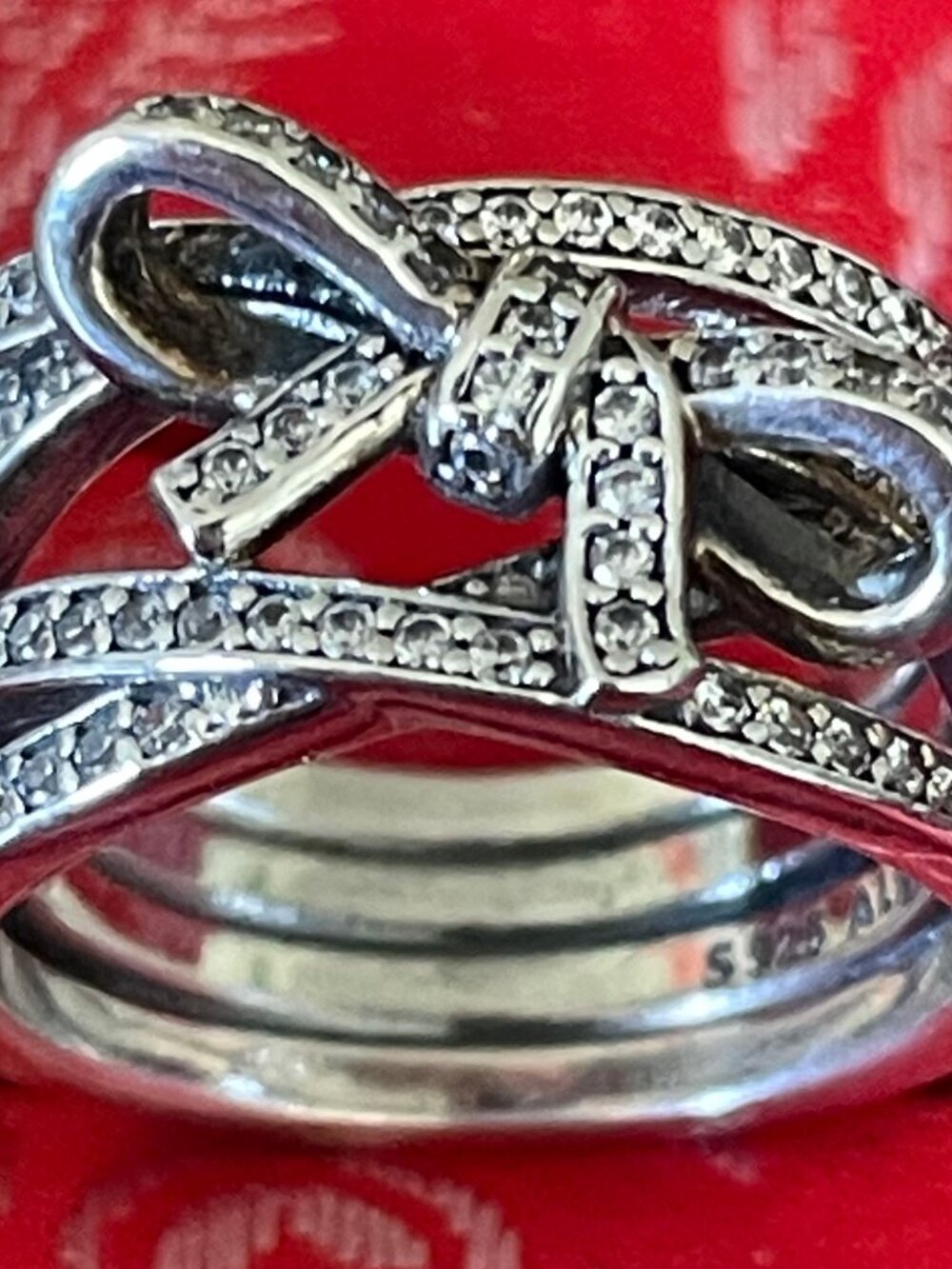 Pandora 925 silver bow ring with diamond accents, size 5 USA/50 mm EU